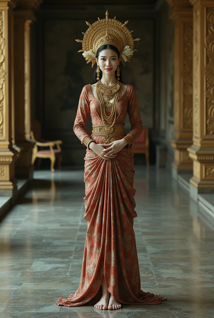 A beautiful 20-year-old Minang woman wearing traditional Minang attire, including a traditional Minang headdress and sandals, standing gracefully in front of a traditional Minang house. The background features intricate wooden carvings and vibrant colors typical of Minang architecture. Bright lighting highlights her outfit and surroundings, while the image captures a serene and respectful pose. The setting is detailed with lush greenery and a cultural atmosphere, blending modern beauty with traditional elegance. Realistic, cinematic, dramatic, highly detailed, 8K, ultra-sharp, UHD.