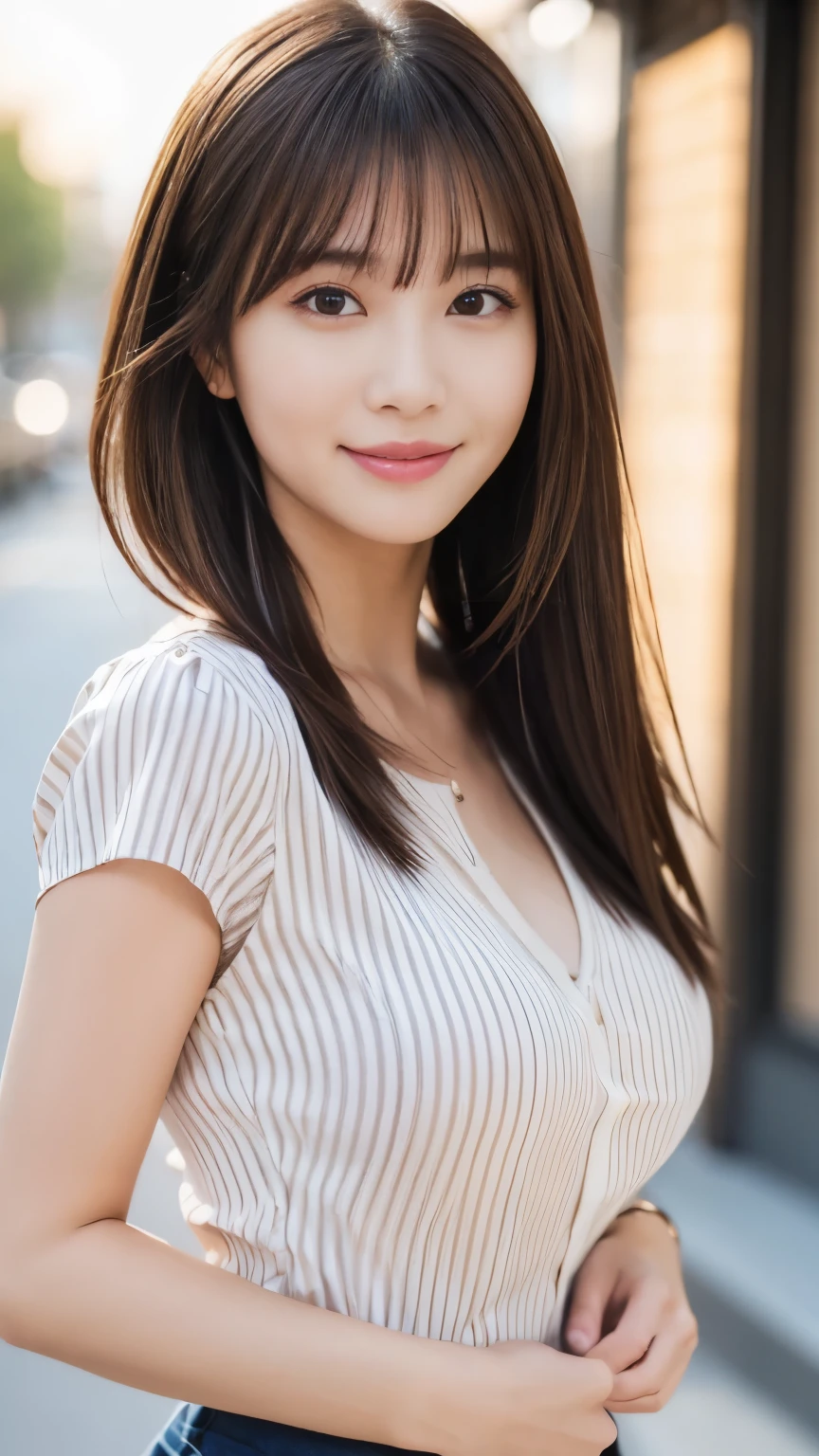 masterpiece, best quality, ultra high res, ultra detailed, sharp focus, 1girl, 独奏, a stunning pretty and beautiful Japanese sexy model, 19yo, looking at viewer:1.3, (bright smile:0.6), wearing a (blouse), dusk, sunset, night, realistic, Slender, (standing:1.1), (looking at the viewer:1.3), sexy gaze, blush, (upper body shot:1.6), messy hair, asymmetrical bangs, light brown hair, messy hair style, ((Pure white camisole、Hands behind head、smile:1.8、Light clothing))、((naked:1.5、Nipples are erect:1.2、Large Breasts:1.2、Short Hair:1.5、ponytail:1.5、Hands behind head:1.5、Striped shirt))