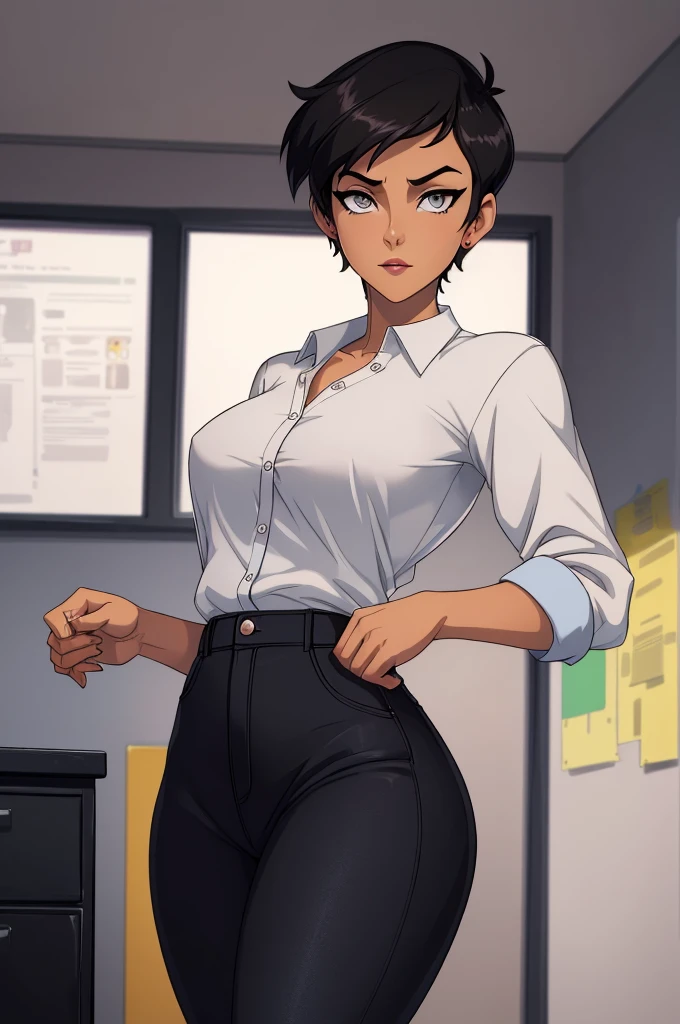 ((ultra quality)), ((masterpiece)), Lois Lane, short stature, ((black short hair tomboy hairstyle)), (Beautiful face), (beautiful female lips), (), charming, ((sexy facial expression)), looks at the camera, eyes slightly open, (light skin color), (light skin), glare on the body, ((detailed beautiful female eyes)), ((grey eyes)), (juicy female lips), (dark makeup, dark eyeliner, dark lipstick), (beautiful female hands), ((ideal female figure)), ideal female body, beautiful waist, gorgeous thighs, beautiful small breasts, ((subtle and beautiful)), sexy worth (), (White unbuttoned shirt, Black jeans) background: office, ((depth of field)), ((high quality clear image)), (clear details), ((high detail)), realistically, professional photo session, ((Clear Focus)), anime