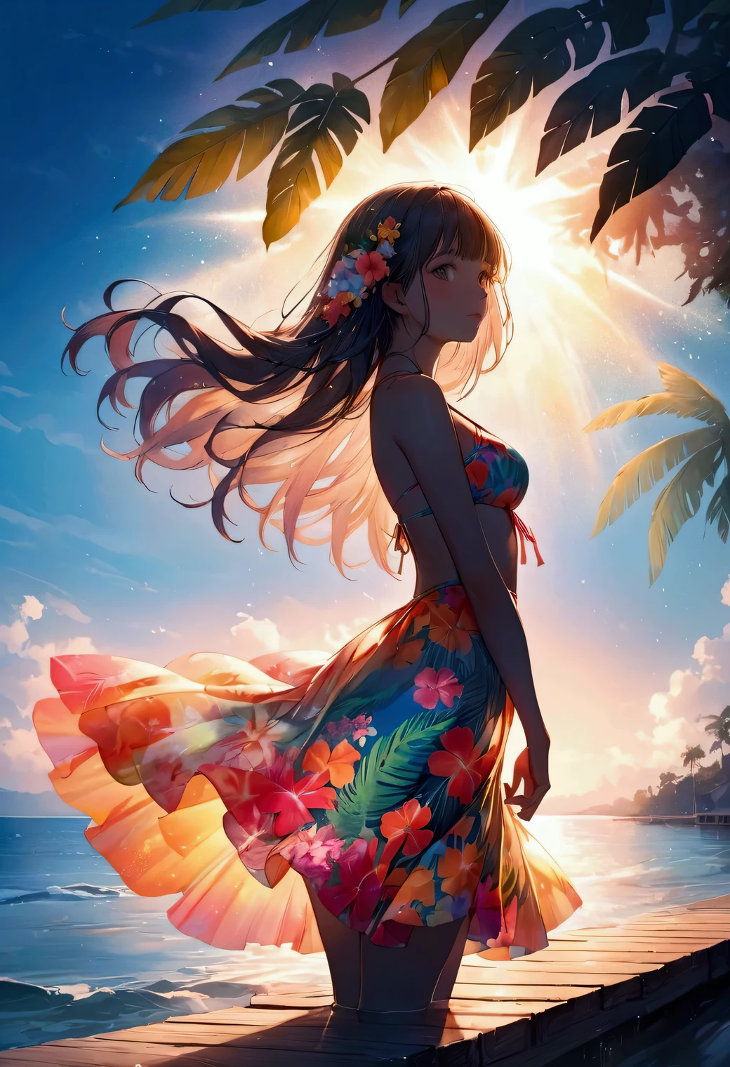 Sparkling midsummer sea,  (double exposure silhouette: 1.2), beautiful girl leaning on a pier, , vibrant tropical bikini dress (flowing),bangs, colorful midsummer flowers, shower of light