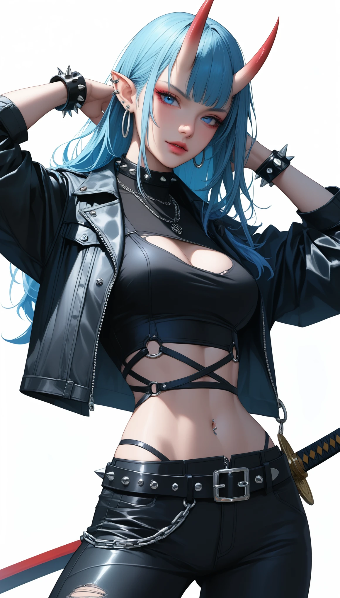 score_9, score_8_up, score_7_up, score_6_up, dark theme，sinozick style，
 p_ai_nori,original,highres,model_request,1girl,{arms_up:1.6},belt,belt buckle,black_belt,black_pants,black_shirt,blue_eyes,blue_hair,bracelet,buckle,chain,collar,contrapposto,cowboy_shot,cropped_jacket,demon horns,ear_piercing,earrings,{hands_in_own_hair:1.6},horns,leather_jacket,leather_pants,light_blue_hair,long_hair,looking_at_viewer,looking_down,necklace o-ring,oni,oni_horns,open_clothes,open_jacket,pants,piercing,pointy_ears,punk shirt,signature,detailed background,solo,spiked_bracelet,spikes,standing,studded_belt,tight,torn_clothes,very_long_hair,(gravure_pose:1.6),katana,katana practice