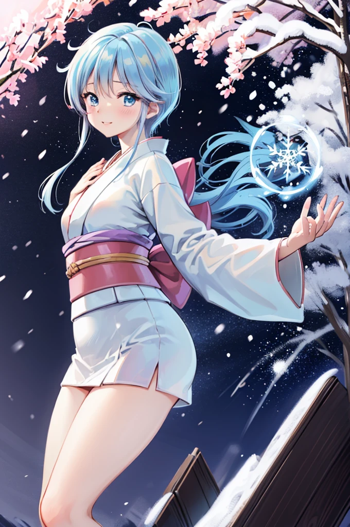 (masutepiece, Best Quality:1.2),​masterpiece, top-quality, Yukime V4, 1girl in, solo, red blush, cparted lips, common, wide sleeves, kimono, obi, obi, White kimono, snowflake, short kimono,The best smile、wave her hand、Snow sifting