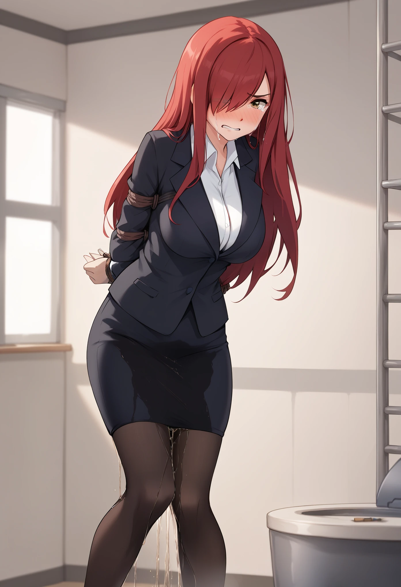 (high quality,Very detailed:1.37, High resolution), 2d, anime, anime style, anime source, Woman, Erza, red hair, business suit, pencil skirt, (long pencil skirt:1.5), pantyhose, cleavage, hair over one eye, large breasts, long hair, looking at viewer, brown eyes, masterpiece, best quality, (wetting herself:2.0), embarrassed, humiliation, blushing, standing, (arms behind back:1.5), bondage, bound