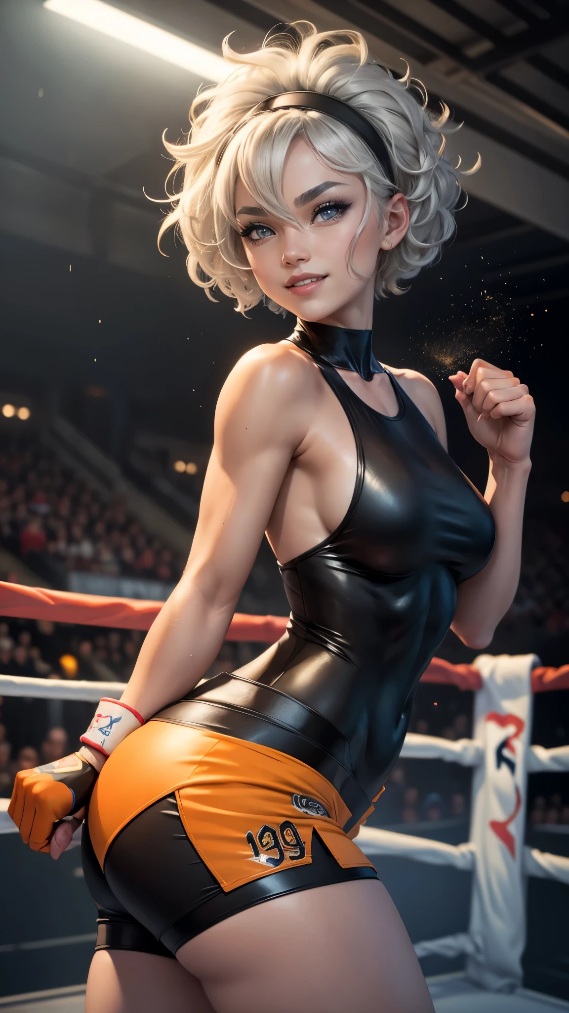 Bea da pokemon,(best qualityer,4K,8k,high resolution,work of art:1.2)(weather: windy), sports stadium background, boxing ring, short curly hair, gray hair, sleeveless cropped shirt, leotard, micro shorts, thigh high stockings, headband, gloves, ultra detailed,realistic,beautiful detailed gray eyes, beautiful detailed lips,extremely detailed eye and face, long eyelashes,average,large breasts,flying hair,beaming smile, cute smile,powerful girl, fighting, bright coloured, dramatic lighting, wet body,