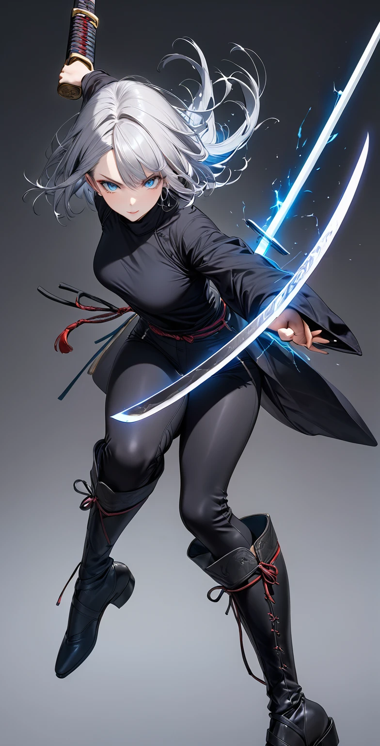 Ultra high resolution, rich colors, perfect image, top quality, detailed image, beautiful woman, glowing skin, texture of skin and clothes, delicate eyes, blank background, (((black high neck))), (((tight pants))), (((long boots))), (((Japanese sword))), (((slashing pose))), silver bob hair, blue eyes