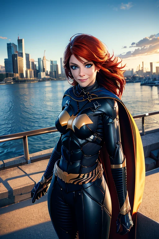 babs, red hair, blue eyes, bodysuit, cape, gloves, looking at viewer, smiling, outside, apartment roof, cityscape, cloudy, daytime, extreme detail, hdr, beautiful quality