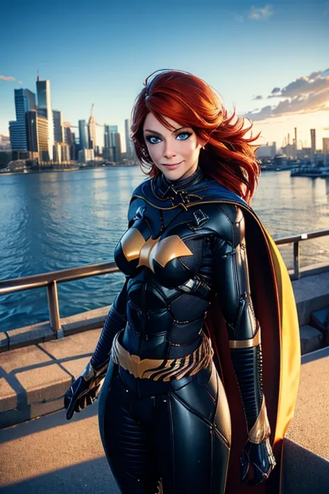 babs, red hair, blue eyes, bodysuit, cape, gloves, looking at viewer, smiling, outside, apartment roof, cityscape, cloudy, dayti...