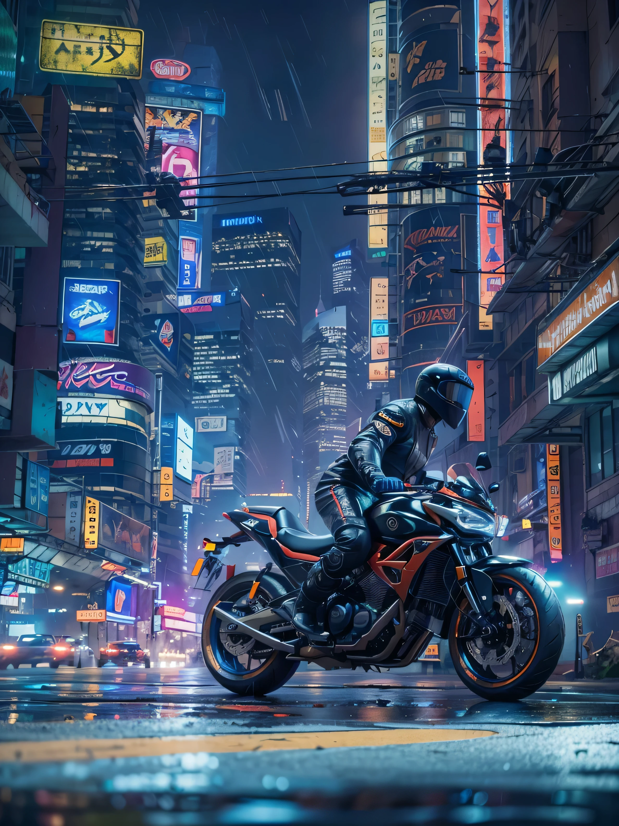 Create a highly detailed, ultra-realistic scene of a man riding a motorcycle on a highway through a futuristic, motorcycle in motion,(motion blur), photo taken from the side. Cyberpunk city at night. The year is 2527, and the scene should capture the essence of a rainy night, with reflections from neon lights and towering skyscrapers. The motorcycle is sleek and advanced, fitting the futuristic setting, and the rider's gear should be modern and stylish, blending seamlessly with the cyberpunk aesthetic. Depth of field.