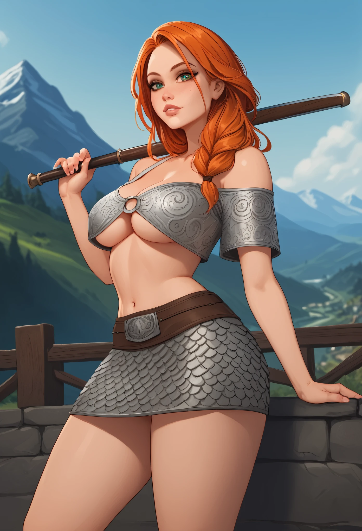 score_9, score_8_up, score_7_up, score_6_up, an adult viking woman, underboob, in icefieldd, seductive cleavage, naughty flirtatious facial expression, high panty lines and skirt, mountain in background, viking braidds, wearing see-thru chainmail viking croptop, smoking a pipe, gorgeous scenery, cinematography in style of peter jackson, (ginger hottie:1.8), (high panties:1.6), (from below:1.3), (gorgeous feminine body:1.4), (sexy viking outfit:1.5), (curvy female:1.3) (beautiful face:1.6), (breasts focus), (from front:1.3), (shoulders out:1.3), (thighs out:1.3), (breast out:1.3), (off shoulder:1.2) (heavy colorful makeup), (perfect hands, perfect anatomy)