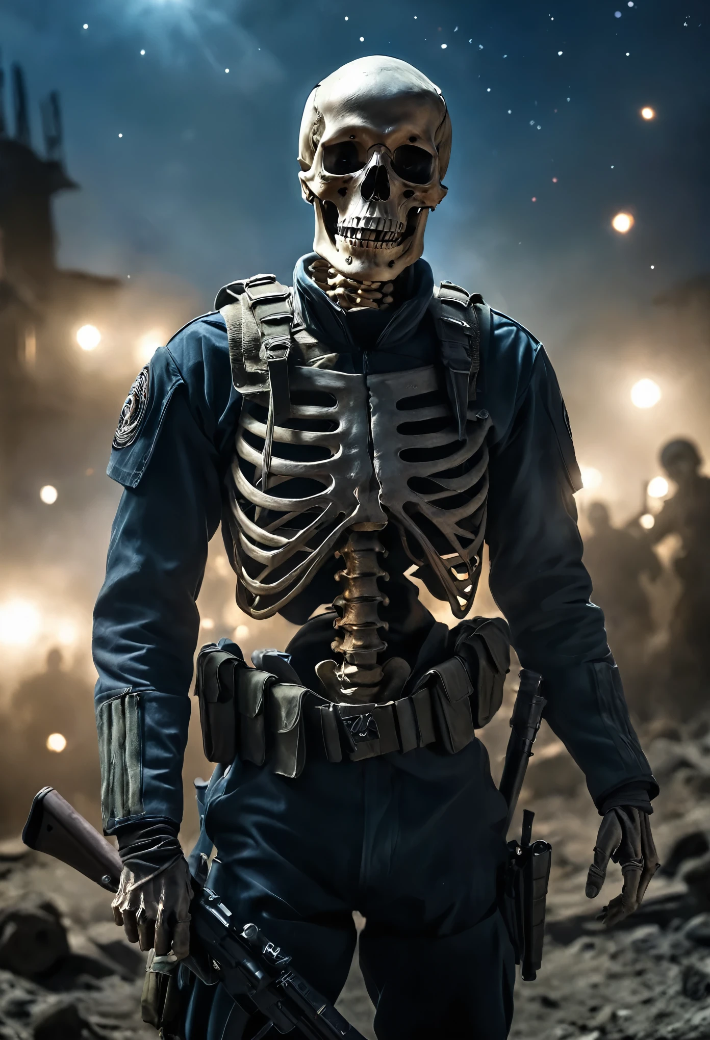 Photorealistic, skeleton soldier, (torn and decayed military outfit), dinamic pose, in the dead ruin city, realistic weapon, starry night, deep shadows, Kodak Portra 400, film grain, depth of field, the gaze is directed towards the viewer, bokeh, battlefield environment, noire, terrified atmosphere, Centered image, naturally pose, 8K resolution, faded colours