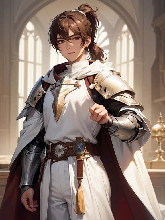 Young man,fantasy, high resolution, No. 19, The original, (Worn in a sheath around the waist:1.3), Smile, (white knight wizard cloak:1.55), medium hair, looking at the audience, Bangs ,hazel eyes, beautiful background, ((morning sun,Western style private room)), Put your hands on your chest,(brown hair,short ponytail:1.5), (Platinum Knight Wizard Full Armor:1.55),short hair, permanent,direct, Abeke,(whole body:1.1), white pants,(Abeke:1.4),