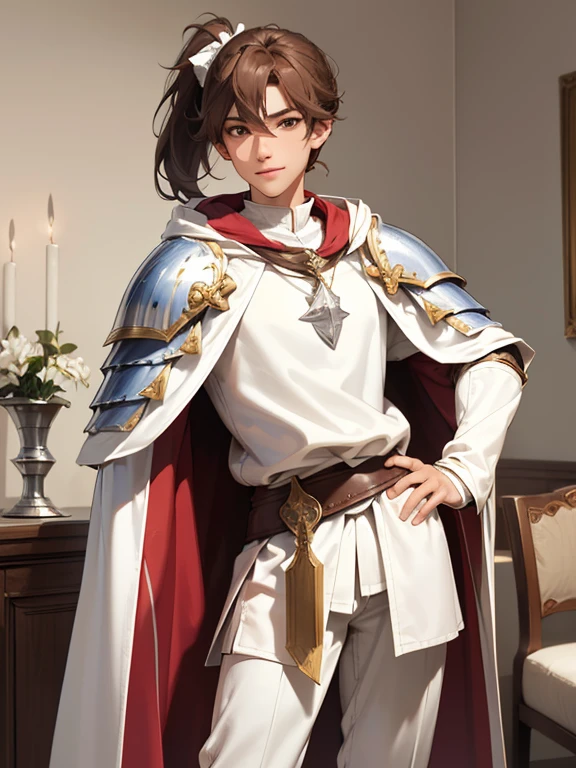 Young man,fantasy, high resolution, No. 19, The original, (Worn in a sheath around the waist:1.3), Smile, (white knight wizard cloak:1.55), medium hair, looking at the audience, Bangs ,hazel eyes, beautiful background, ((morning sun,Western style private room)), Put your hands on your chest,(brown hair,short ponytail:1.5), (Platinum Knight Wizard Full Armor:1.55),short hair, permanent,direct, Abeke,(whole body:1.1), white pants,(Abeke:1.4),