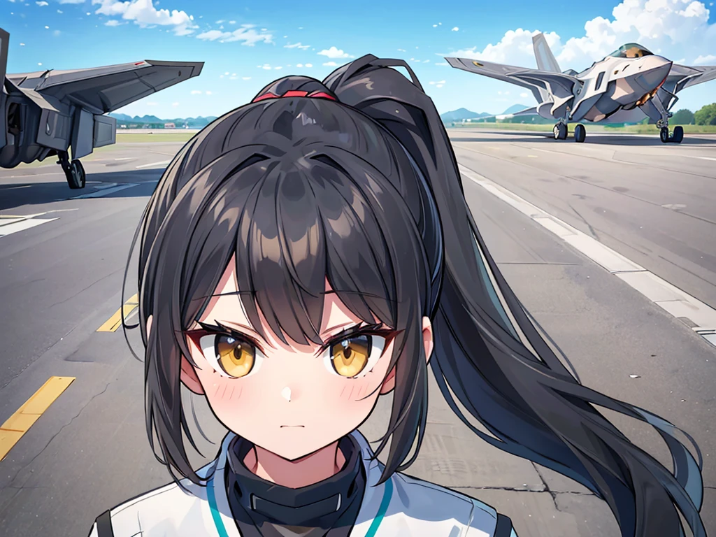 ((Highest quality)), ((masterpiece)), (detailed), One Girl, (Fighter,f-22),ponytail,Black Hair,((Fighterの傍に立つ***)),Airfield,Pilot Suit,Above ground,Character portrait, Overlooking, 