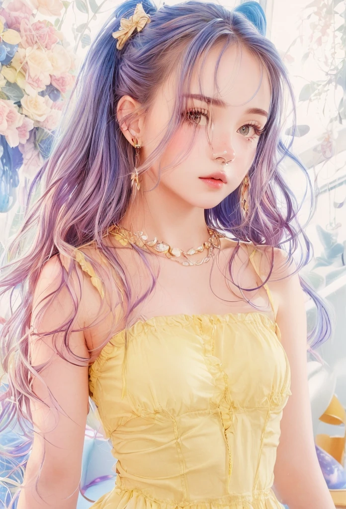 HighestQuali,tmasterpiece:1.2,Detailed details,(high qulity),Kizi,A pretty girl,ssmile,Long black wavy curly hair,yellow bow,Purple clothes,Lolita prostitute,Gorgeous costumes,white backgrounid,Bust,Dingdall effect,k hd