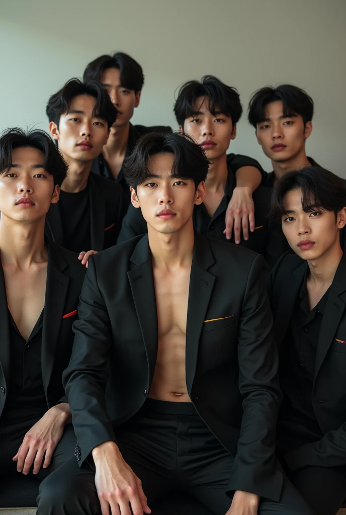 Realistic, full body shot, 4k, high detailed, high quality, Potrait of one  korean gentleman(24 years old) in a doctor suit,muscle balance,tight nipples,(in the middle) and 4 man asian with sexy tight clothes  , standing, perfectly proportioned, intimate, Lovers, close to each other, perfect anatomy, perfect background, perfect face, perfect body, detailed face, look at camera, Outdoor background