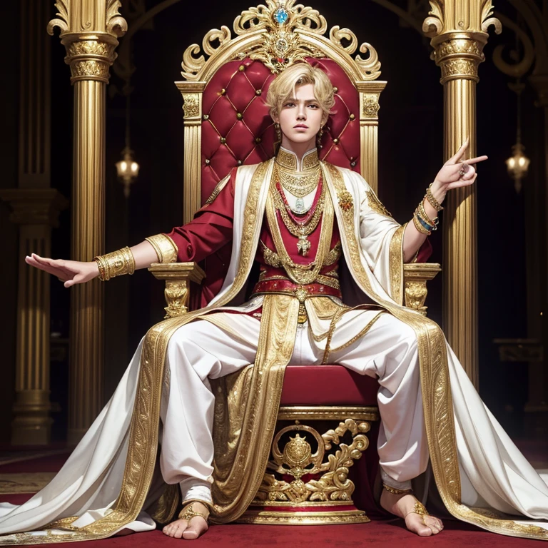 full body view, A young powerful handsome wealthy blond white european arrogant male emperor in rich clothes, covered with glittering gold jewelery, rings, nacklaces, bracelets, earings, seated on his luxurious throne, gets his feet massaged by his boy poorly dressed