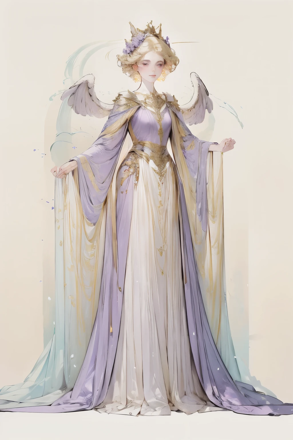 1 full-length portrait of a girl, angelicales, Angel Wings, Gorgeous long dress, Stand on both feet, (((solo))), Clear facial features, simple line design, ((Pure black background)), Tarot card design, Character portrait, ((Flat coating)), (tmasterpiece,Highest quality,Best quality,Ultra-high resolution,Clear facial features,prettyeyes,Pretty Face),blonde,Lilac flower god