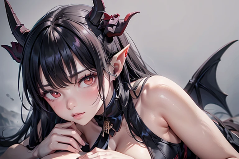 female cadres、Demon King、Enemy Characters、cool、Big Breasts、Black Hair、Long Hair、Hair tip perm、Horns growing、Devil horns、Pointy Ears、frontview、Full Shot
