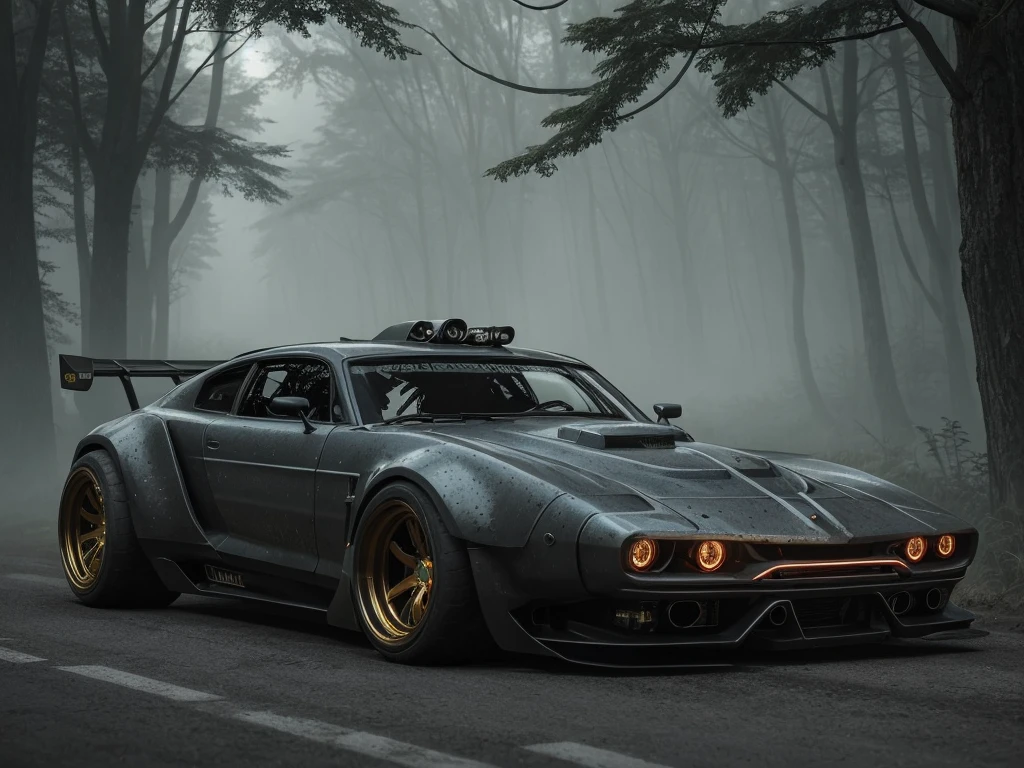 cyberpunk muscle car, forest road, wide tires, dieselpunk, dystopian, dramatic lighting, volumetric fog, reflections, cinematic composition, intricate details, metallic surfaces, neon accents, dynamic pose, moody atmosphere, photorealistic, 8k, hyper-detailed