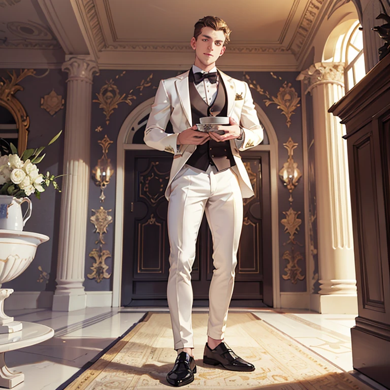 full body view, one wealthy young white handsome european hype fashion man looking happy, sniffing directly very close to a small bowl full of thin white flour, on A table of great value, rich well-decorated mansion