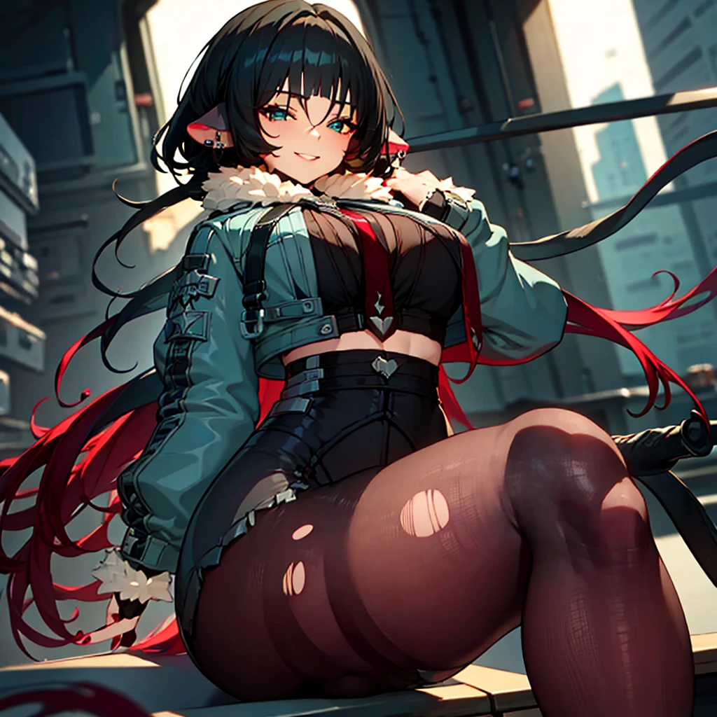 High resolution, masterpiece, Very detailed, Textured skin, jane doe \(zenless zone zero\),One girl, solo,Long Hair, Piercing in left ear,Light blush, A smile that seems to be plotting something,Perfect Eyes,Aqua Eyes,Uplifting,Red Nails,chest, ruins,Torn pantyhose,Black innerwear,Military jacket,black and red tie,Garter belt on left leg,Sit on a desk,Crossing your legs