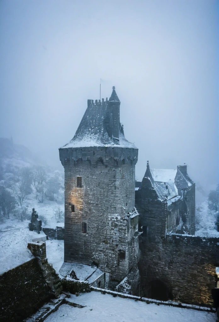 A photo of night landscape,bran's Castle, Dunvegan's Castle, Dunnottar's Castle,Malahide Castle,a medieval Village castle sitting on top of a snow covered Mountain,black marble Mountain, transylvanian castle, with snow on its peak, medieval castle,haunted, Village caste,half ruined caste, half abbandoned Castle, Stone bridge,wooden rooftop, mist,eerye athmosphere,4k, realistic, analog style, film grain, 35mm,ultra