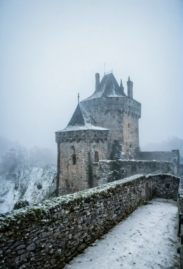 A photo of night landscape,bran's Castle, Dunvegan's Castle, Dunnottar's Castle,Malahide Castle,a medieval Village castle sitting on top of a snow covered Mountain,black marble Mountain, transylvanian castle,ireland castle, scottish castle, with snow on its peak, medieval castle,haunted, Village caste,half ruined caste, half abbandoned Castle, Stone bridge,wooden rooftop, mist,eerye athmosphere,4k, realistic, analog style, film grain, 35mm,ultra