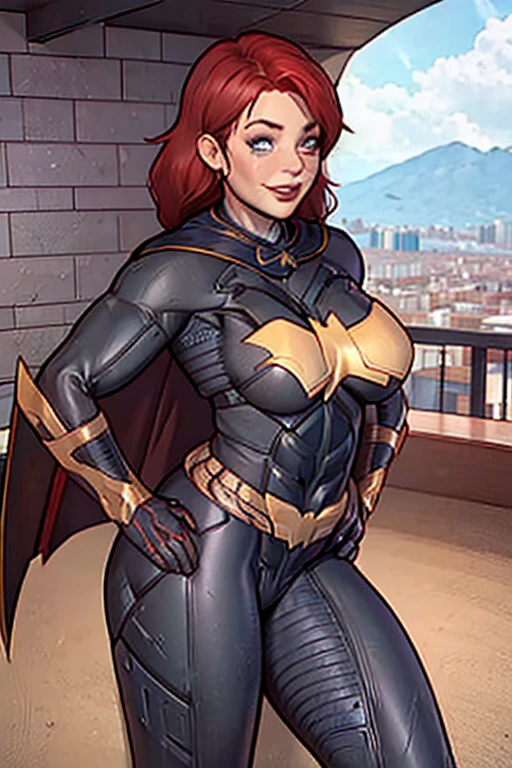 source_western, adamhughesstyle, 1girl, Batgirl, bodysuit, cape, superhero, red hair, blue eyes, cute smile, wink, showing tip of a tongue, hands on hips, outside, rooftop, cityscape, cloudy, daytime, extreme detail, hdr, beautiful quality