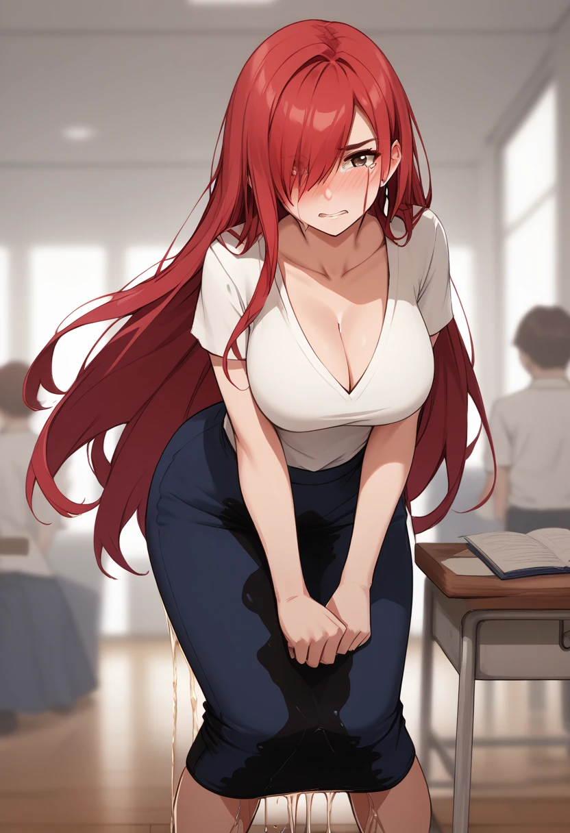 (high quality,Very detailed:1.37, High resolution), 2d, anime, anime style, anime source, Woman, Erza, red hair, dress, extremely long skirt, (pencil skirt:1.25), cleavage, hair over one eye, large breasts, long hair, looking at viewer, brown eyes, masterpiece, best quality, (wetting herself:2.0), (desperation:1.5), embarrassed, humiliation, blushing, standing, leaning forward, grabbing crotch, covering crotch, grabbing privates