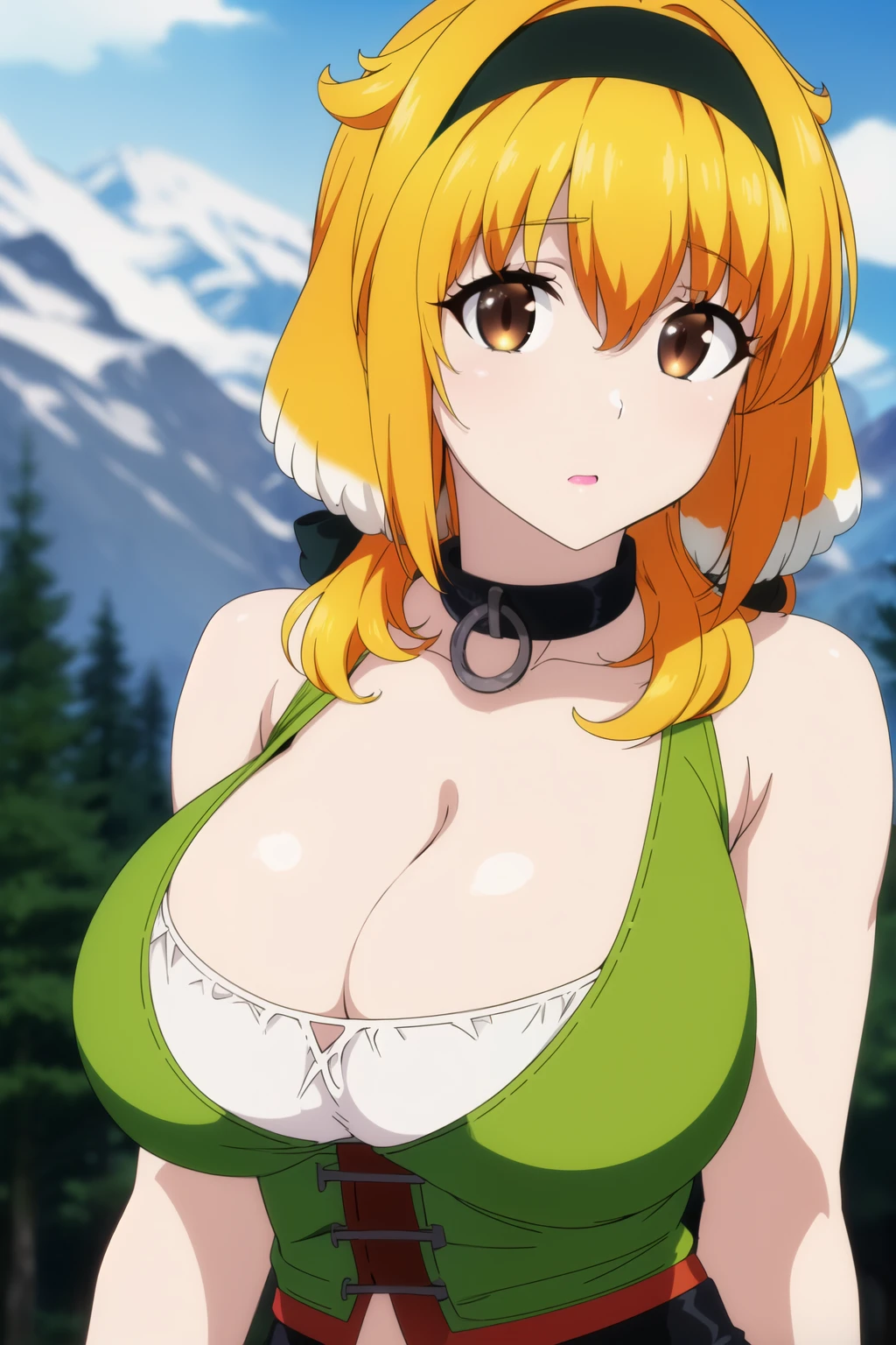 (day:1.7),a house with a mountain in the background and trees in the foreground,,blue_sky,outdoors,
Standing at attention,
Wearing nothing but panties
blonde hair,long_hair,hairband,bangs, brown_eyes,
1 girl, 20yo,Young female,Beautiful Finger,Beautiful long legs,Beautiful body,Beautiful Nose,Beautiful character design, perfect eyes, perfect face,
looking at viewer,(Upper_body),(Focus on her face),
NSFW,official art,extremely detailed CG unity 8k wallpaper, perfect lighting,Colorful, Bright_Front_face_Lighting,
(masterpiece:1.0),(best_quality:1.0), ultra high res,4K,ultra-detailed,
photography, 8K, HDR, highres, absurdres:1.2, Kodak portra 400, film grain, blurry background, bokeh:1.2, lens flare, (vibrant_color:1.2)
(Beautiful,large_Breasts:1.4), (beautiful_face:1.5),(narrow_waist),