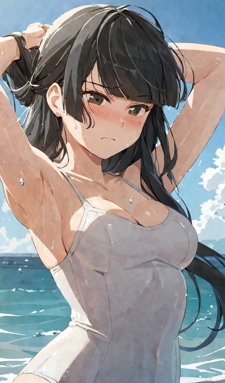 masterpiece,best quality, solo, eda, bangs, black hair, upper body,blue sky,cloud, shy expression, medium breast, hot, thicc, swimsuit , ocean, water, she is tying her hair, she is shy, embarrassed , she is embarrassed, dynamic pose, close shot, upper body, chubby, dynamic pose, trying hard, serious face, her chest is getting bigger, trying hard 