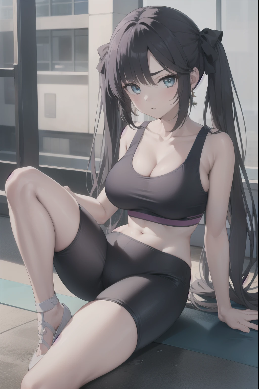 1girl、Monamegistus、Mona、独奏、Blue Eyes、Hair between the eyes、Twin tails、hair bow、Very long hair、Purple Hair、Big Breasts、(Large Breasts:1.2)、Earrings、Green sports bra、Black yoga pants、cleavage、naval、collarbone、midriff、High heels、sports bra with an green、yoga pants with an black、Long Hair、sports bra and yoga pants only、break outdoors、city、break looking at viewer、break (masterpiece:1.2)、Highest quality、High resolution、unity 8k wallpaper、(figure:0.8)、(Beautiful attention to detail:1.6)、Highly detailed face、Perfect lighting、Highly detailed CG、(Perfect hands, Perfect Anatomy)、