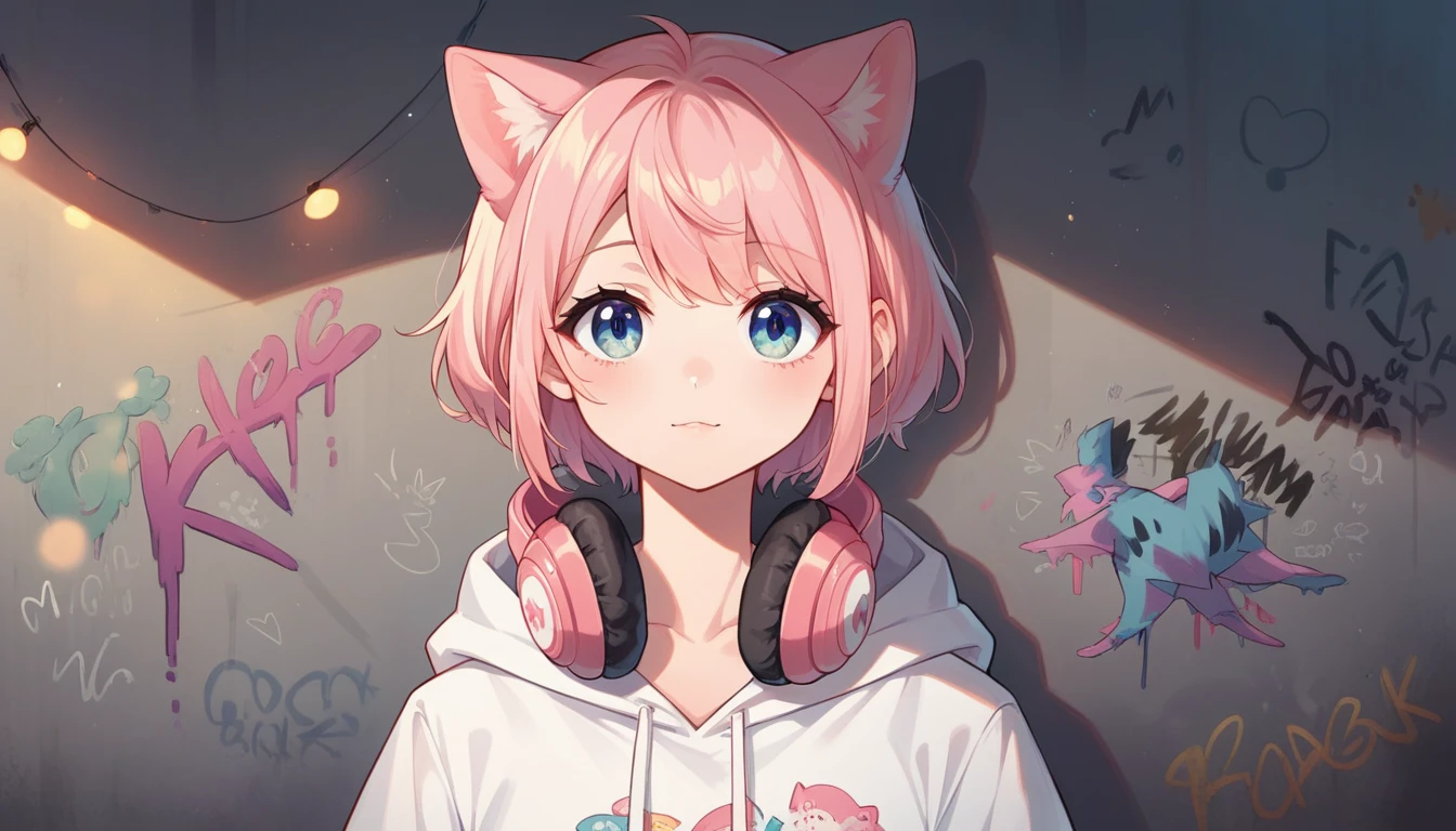 Cute cat dressed in a white hoodie with pastel pink accents, oversized headphones snugly fit around its neck, mid-action as it maneuvers through an urban setting, backdrop of graffiti-covered walls, contemporary streetwear fashion vibe, pastel tones, soft-focus background, bokeh lights, digital painting, ultra fine, ultra realistic