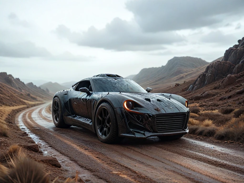 A rugged off-road vehicle, detailed metallic body, huge tires, mud splattered, driving through a rugged rocky landscape, dramatic cloudy sky, cinematic lighting, photorealistic, 8k, high detail