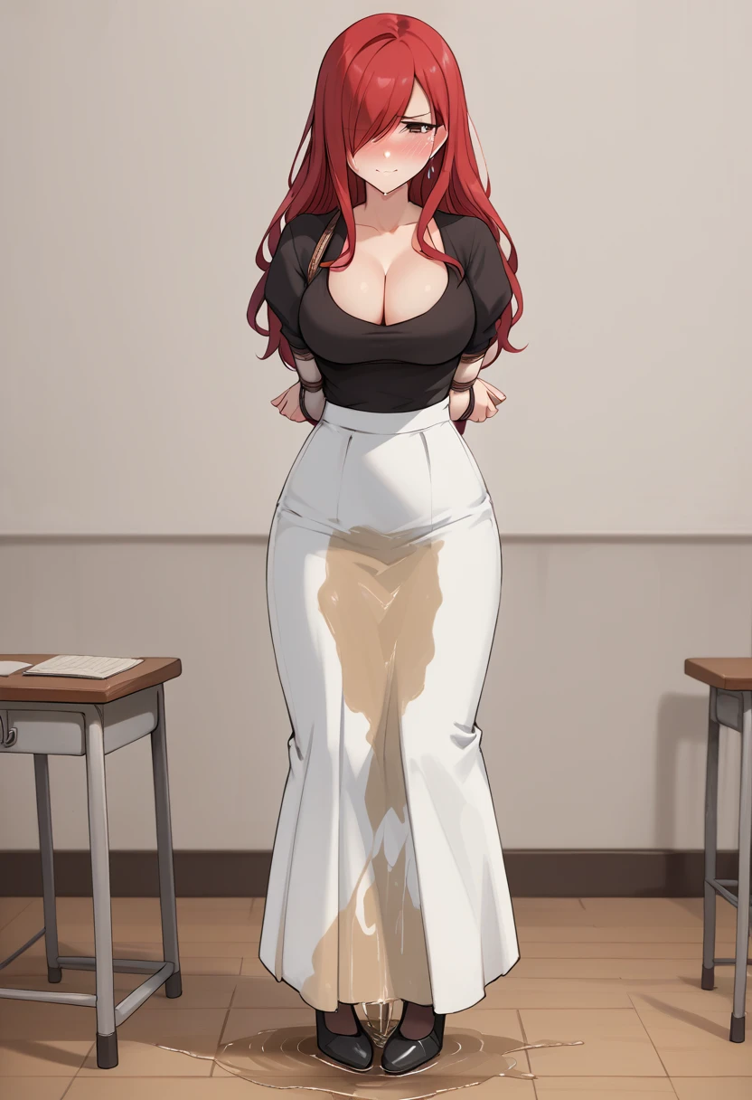 (high quality,Very detailed:1.37, High resolution), 2d, anime, anime style, anime source, Woman, Erza, red hair, dress, extremely long skirt, (pencil skirt:1.25), cleavage, hair over one eye, large breasts, long hair, looking at viewer, brown eyes, masterpiece, best quality, (wetting herself:1.5), embarrassed, humiliation, blushing, standing, (arms behind back:1.5), bondage, bound