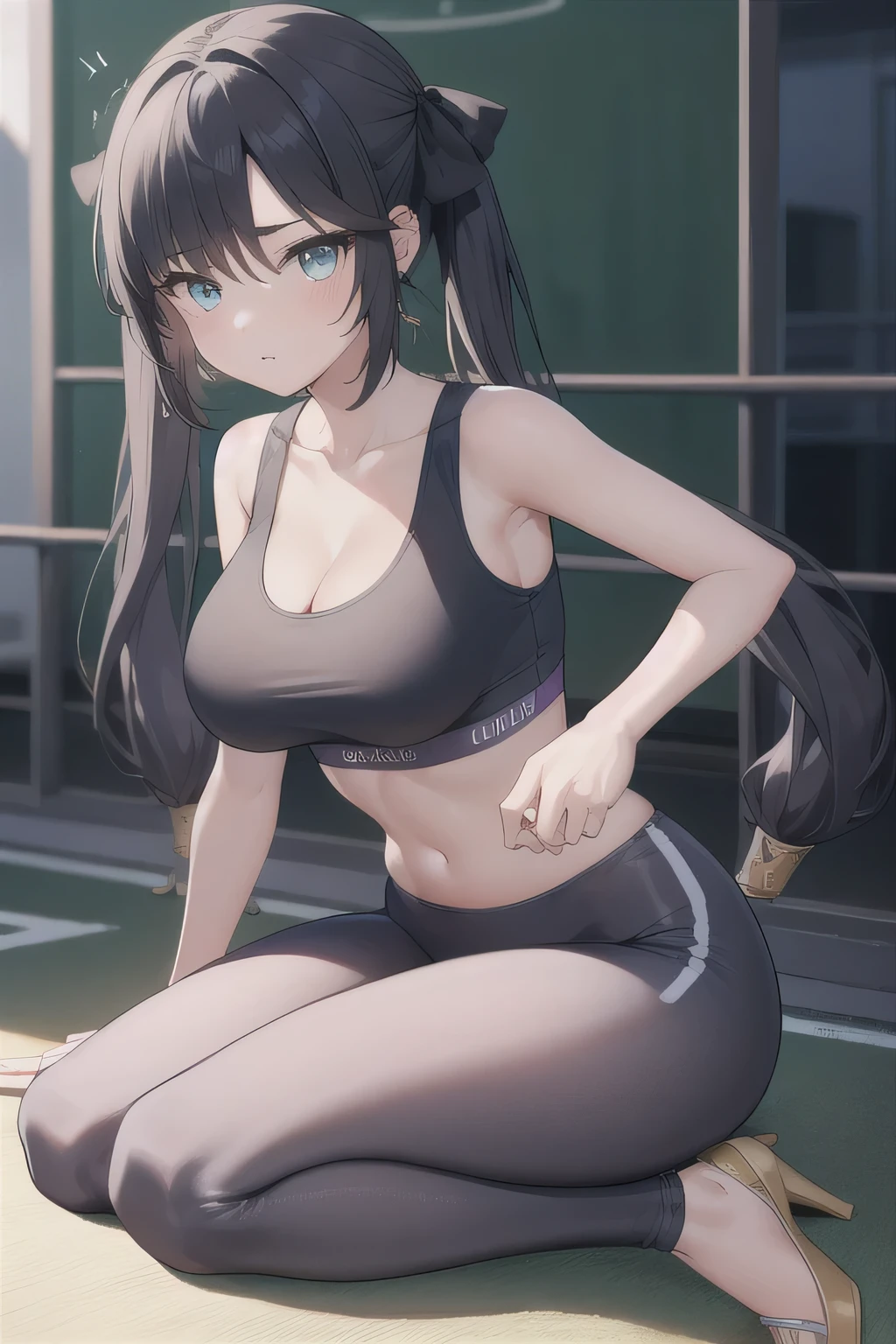 1girl、monamegistus、Mona、solo、Blue eyes、Hair between the eyes、Twin tails、hair bow、Very long hair、Purple Hair、Big Breasts、(Large Breasts:1.2)、Earrings、Green sports bra、Black yoga pants、cleavage、naval、collarbone、midriff、High heels、sports bra with an green、yoga pants with an black、Long Hair、sports bra and yoga pants only、BREAK outdoors、city、BREAK looking at viewer、BREAK (masterpiece:1.2)、Highest quality、High resolution、unity 8k wallpaper、(figure:0.8)、(Beautiful attention to detail:1.6)、Highly detailed face、Perfect lighting、Highly detailed CG、(Perfect hands, Perfect Anatomy)、