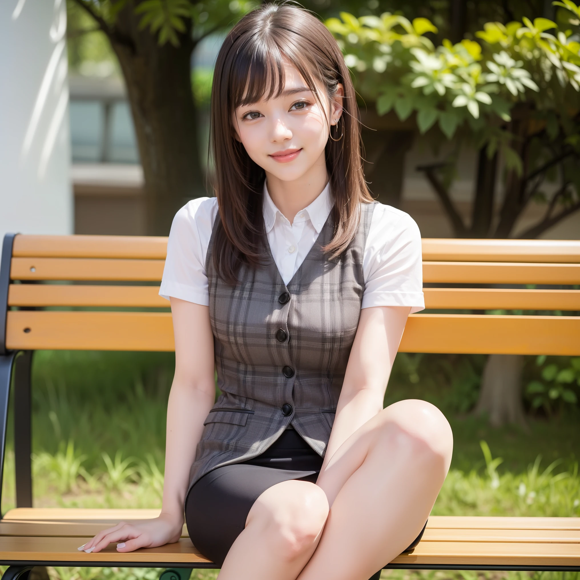 Uruchan-6500-v1.1, (RAW Photos:1.2), (Photorealistic), (Genuine:1.4), 1girl、Perfect Anatomy、Looking at the camera、from the front、Medium Long Hair、Grey pencil mini skirt、Plaid vest、((Sitting on a bench:1.3)、 (Bare legs and high heels)、(Business services)、(A very loving smile:1.2)、25歳、