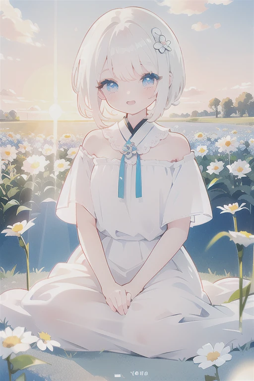 Human Girl。White hair, bob, blue eyes。Sitting in a flower field。White Simple Dress。Shy laugh。Flower Hair Ornaments。Sun backlight。