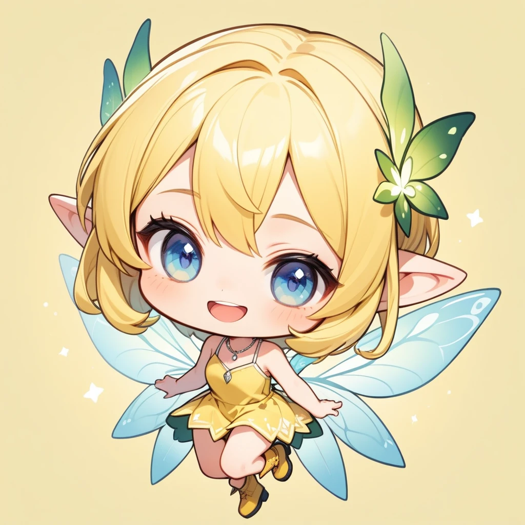 1 fairy elven girl, Chibi, solo, full body, blonde pixie cut, blue eyes. drooping thin Pointed Ears, smile with open mouth, half-closed eyes, silver necklace, yellow camisole and mini skirt, yellow short boots, simple background