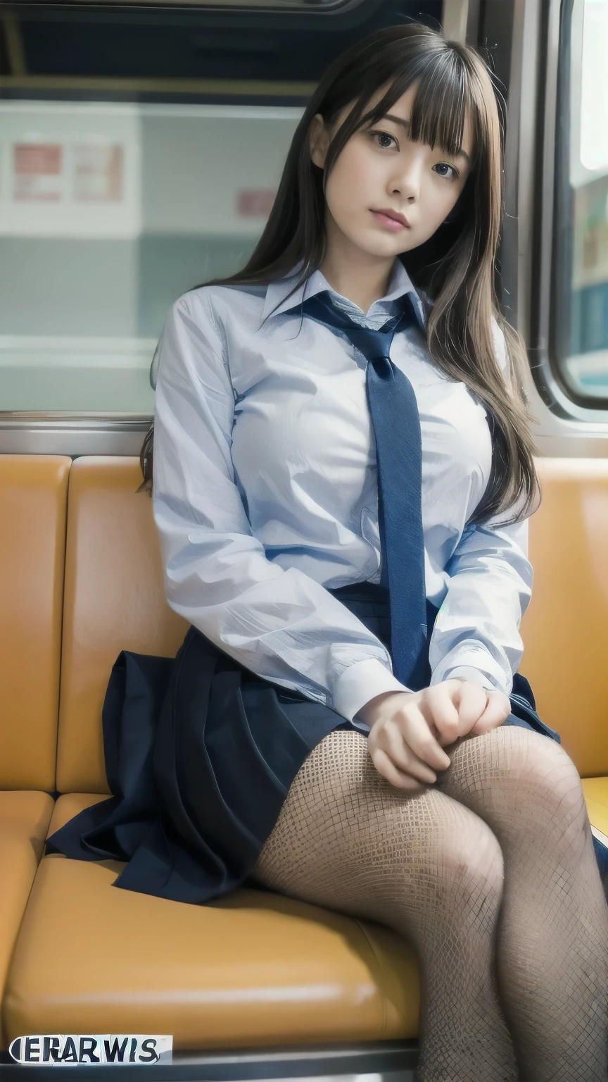 Japanese 1 female,Cosplay Japanese Schoolgirl Uniform,sitting in a train seat,(Focus on her crotch:1.1),Between her clothes,Under her skirt,Ultra low angle,Knees together,She is looking down,She doesn&#39;t notice me,