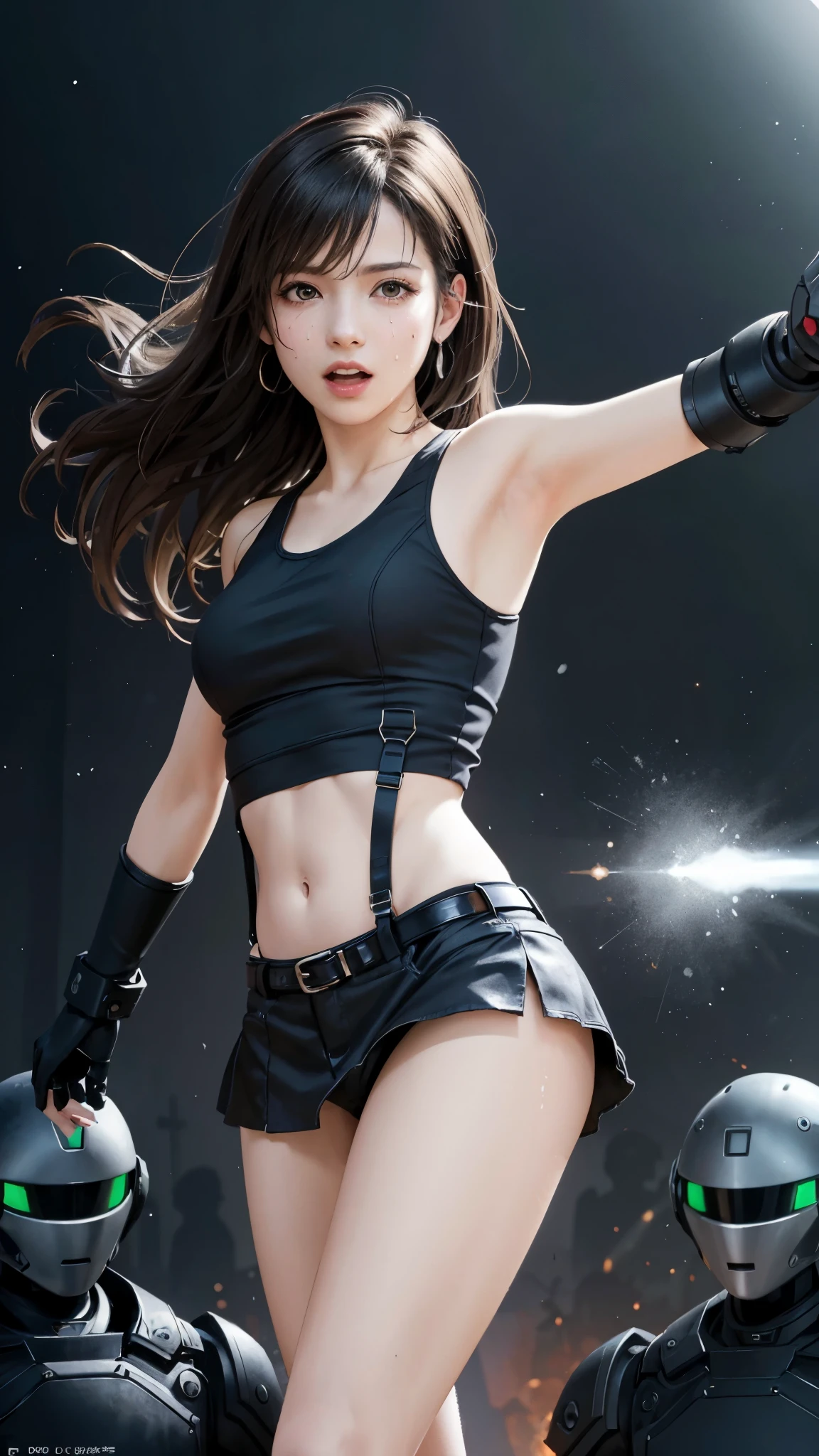 {{top quality, masterpiece}}, (Realistic: 1.3), wallpapers, rape, Captured by robots, Surrounded by robots, defeat, {{{fff7, tifa_lockhart}}}, (Tifa_lockhart uniform:1.3, suspenders, low rise, mini skirt, tank top), clothed:1.2, Tears overflow:1.3, looking away:1.1, Frightened expression, Fleeing:1.5, Attacked by robots:1.5, Many violent robots:1.5, The robot grabs him by the arm. Robots attacks from behind, Robot grabs leg, Robot Swarm:1.5, darkness, another world, Dark fantasy, Pitch black hell
