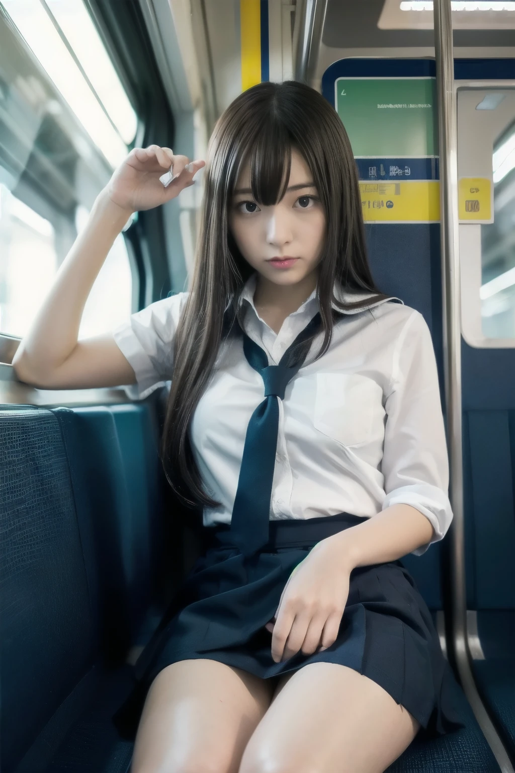 Japanese 1 female,Cosplay Japanese girl Uniform,sitting in a train seat,(Focus on her crotch:1.1),Between her clothes,Under her skirt,Ultra low angle,Knees together,She is looking down,She doesn&#39;t notice me,