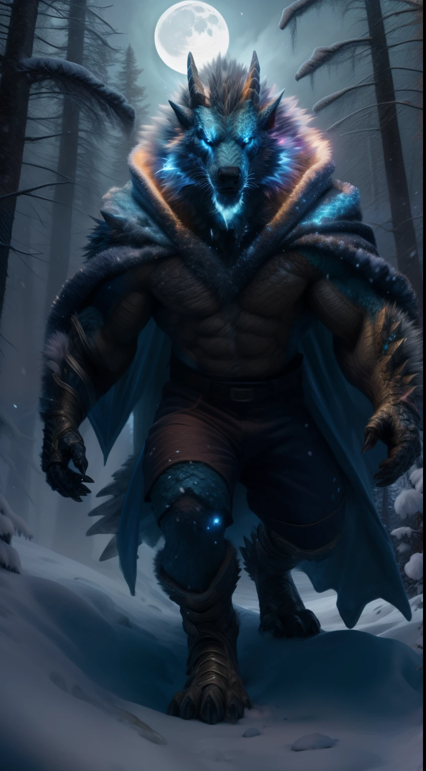 by_taran_fiddler, anthro zinogre walking in snow, fanged wyvern, magic sparks, red shorts, white fluffy cloak, blue body, horn, blue eyes, HDR, (dynamic pose), (dark winter forest:1.3) with moon light, fog, forest in the background, portrait 