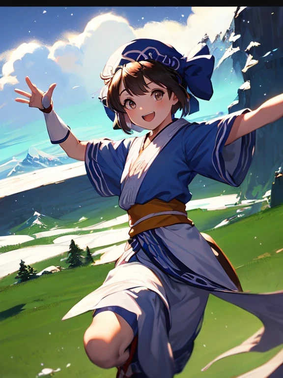 Limururu, One girl, Ainu clothing, alone, Underarm, ice, Open your mouth,  Cowboy Shot, arms,  smile, View your viewers, crystallization, pants, bow, Short sleeve, bangs, sheath, No sleeve, Fingerless gloves, blush, Gloves,anime, anime_Screen Cap, anime gif, mp4 ,video, anime, 
Snow Mountain,  ((((masterpiece)))), expensive quality, very_expensive_solve, big_file size, Full Color, masterpiece, Highest quality,4K,8k,