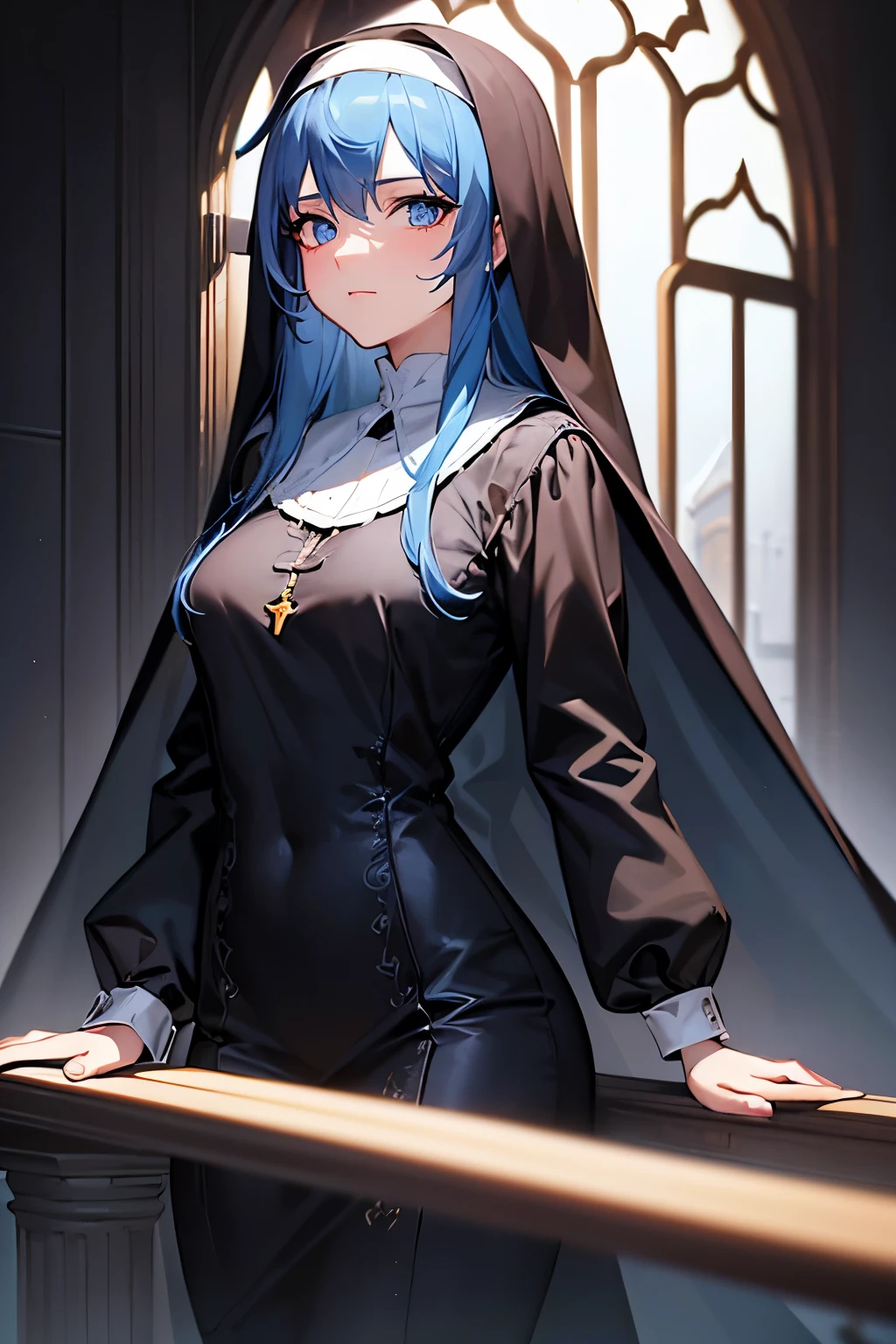 masterpiece, best quality, (extremely detailed CG unity 8k wallpaper), (best quality), (best illustration), (best shadow), absurdres, realistic lighting, High definition, Lady, solo, nun, loose outfit, prim, long veil, topaz blue eyes, perfect face, elegant, (topaz blue hair: 1.2), elegant pose, effect background, art by guweiz