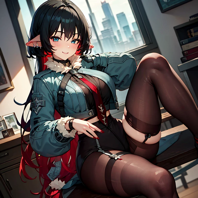 High resolution, masterpiece, Very detailed, Textured skin, jane doe \(zenless zone zero\),One girl, solo,Long Hair, Piercing in left ear,Light blush, A smile that seems to be plotting something,Perfect Eyes,(Light blue eyes),Uplifting,Red Nails,chest, ruins,Torn pantyhose,Black innerwear,Military jacket,black and red tie,Garter belt on left leg,Sit on a desk,Crossing your legs