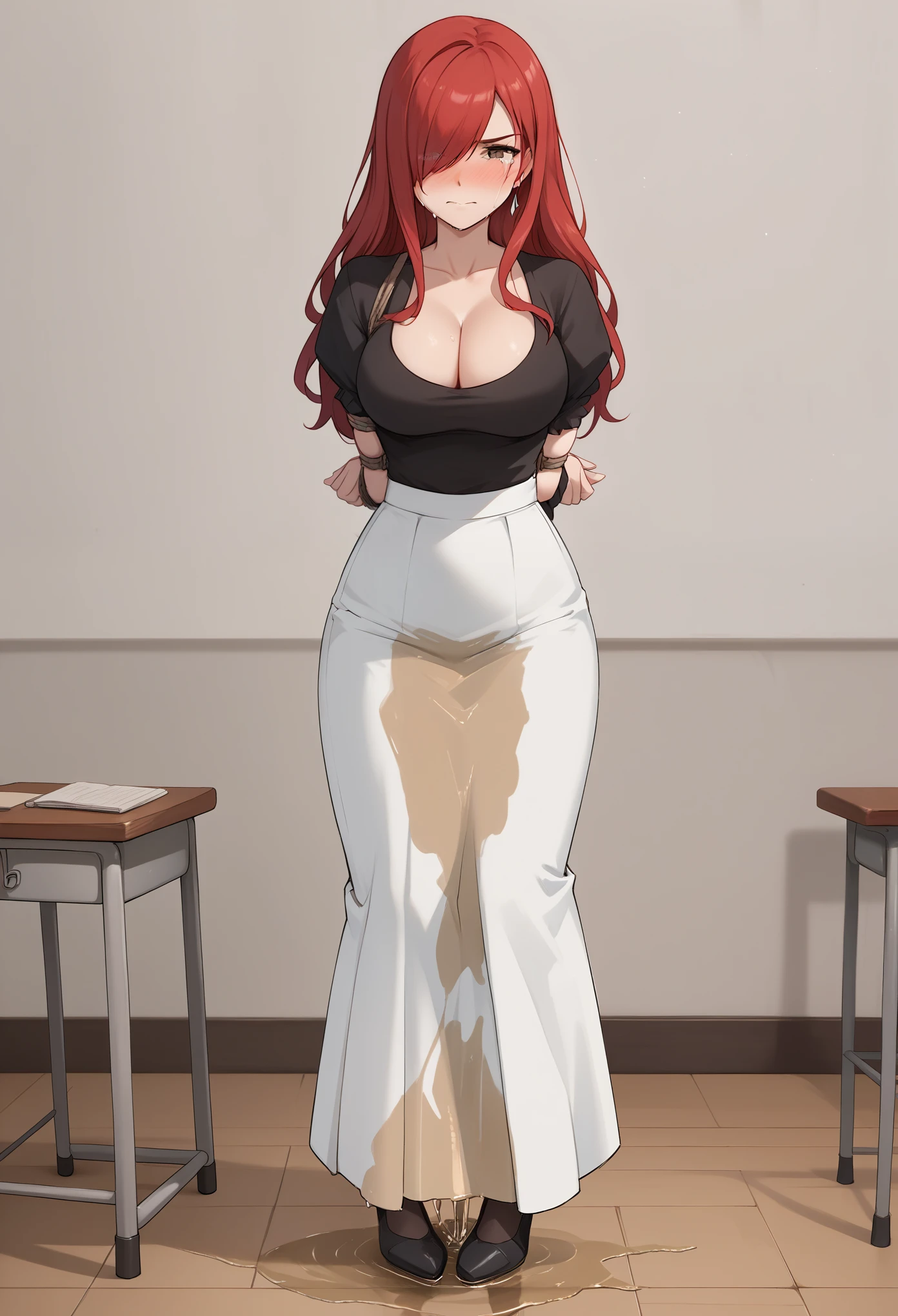 (high quality,Very detailed:1.37, High resolution), 2d, anime, anime style, anime source, Woman, Erza, red hair, dress, extremely long skirt, (pencil skirt:1.25), cleavage, hair over one eye, large breasts, long hair, looking at viewer, brown eyes, masterpiece, best quality, (wetting herself:1.5), embarrassed, humiliation, blushing, standing, (arms behind back:1.5), bondage, bound