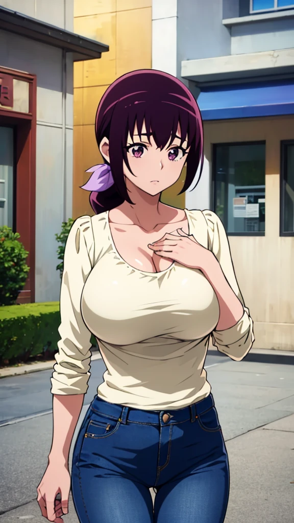 ikuyo_a, mature female, Huge breasts, purple hair, purple eyes, hair bow,
denim jeans pants, white shirt, Grab your chest, {Breast milk}, Cleavage, Heart with hands in front of chest,Anime Style,high quality,masterpiece,Very detailed,whole body,