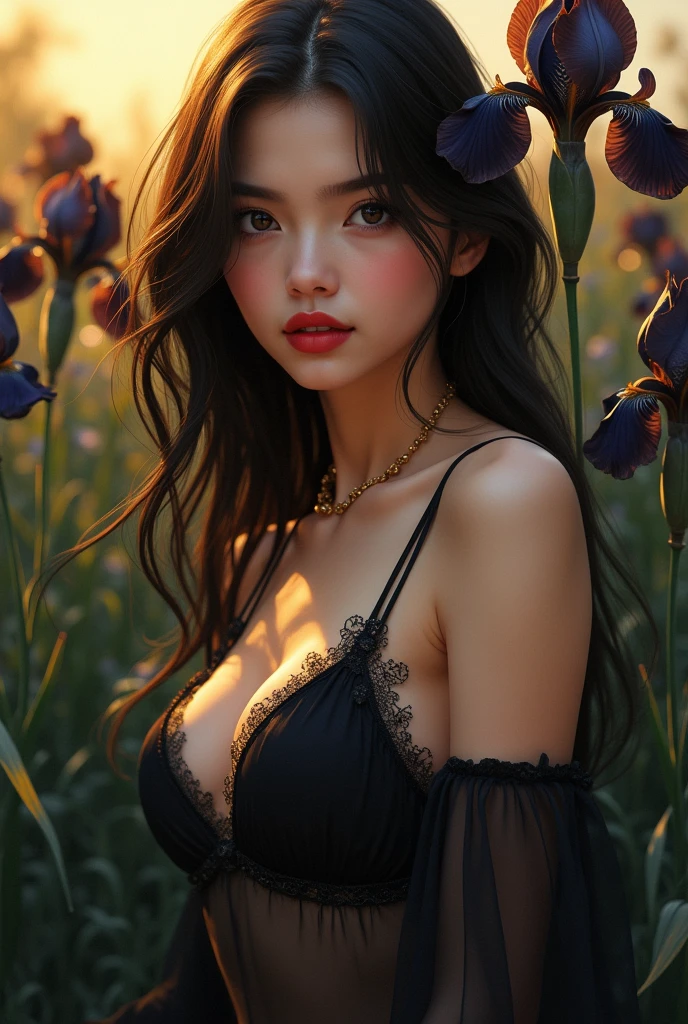 An Asian woman in a lush tropical garden, wearing a black open shirt, with a close-up capturing the harmonious beauty between her breasts and the natural flowers, showing off your natural charm and outgoing personality.