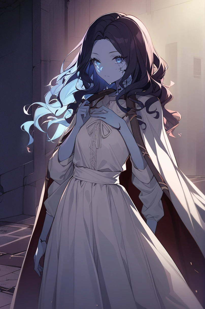 One girl, XLR yearly increase, Wavy Hair, Blue Skin, Cracked skin, Extra Arms, (Extra Faces), doll, joint, doll joint, White Dress, Have, Cape, with own hands, Dark Environment, night, Cowboy Shot, View your viewers,